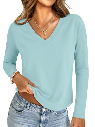 UNCLECAT Womens V Neck Long Sleeve Shirts Fall Crop Tops Casual Basic Fashion Going Out Clothes Blue