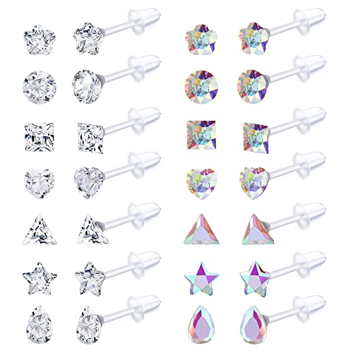LOLIAS 14Pairs Clear Plastic Earrings Stud Earrings for Women Rhinestone Acrylic Stud Earrings Clear Piercing Retainer for Sport Work