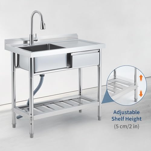 Stainless Steel Utility Sink with Workbench & Drawer, 39x20 in Freestanding Single Bowl Kitchen Sink with Pull Out Faucet, Hot and Cold Water Pipes for Garage Basement Shop
