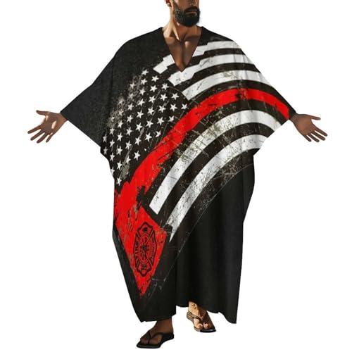 USA Thin Red Line Firefighter Axe Pattern Men's V-neck Robe Middle East Arabian Robe Butterfly Sleeves Kaftan