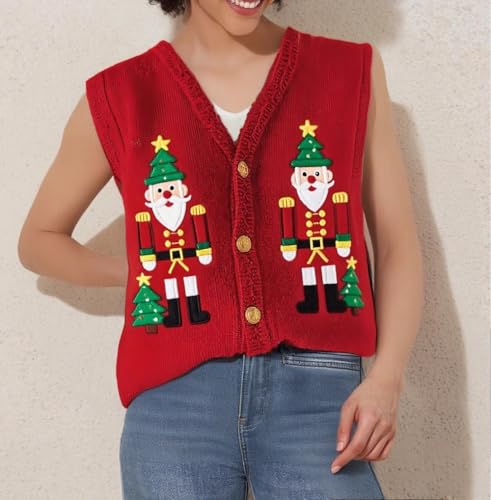 Image of Women Christmas Knit Vest Top Santa Embroidery Sleeveless Button Down Sweater Vest Xmas Snowman Cardigans Tank Top
