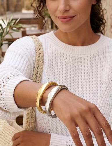 Image of Chunky Gold Bangle Bracelets for Women, Dainty 14k Gold Plated Big Stackable Bangles Set, Trendy Statement Cuff Bracelet Stack Fashion Jewelry Gifts