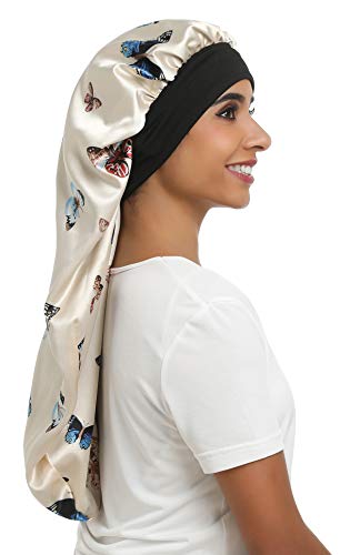 Long Satin Bonnet Sleep Cap Silky Night Hat Extra Long Double Layer Elastic Band for Women Natural Curly Long Hair (Long size, beige butterfly)