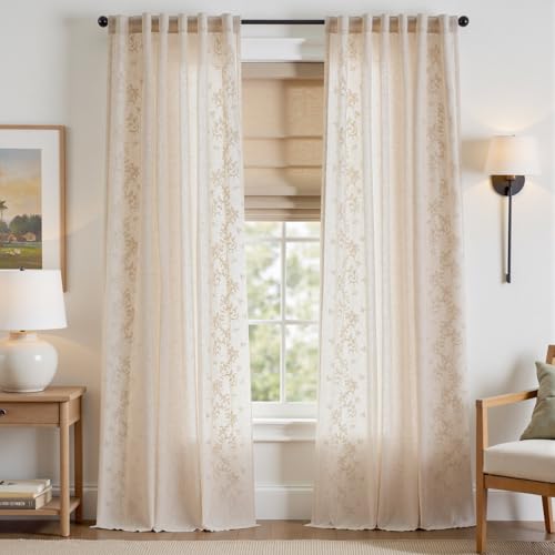 Image of jinchan Floral Linen Curtains, Back Tab 50x96 Inch, 2 Panels Ivory