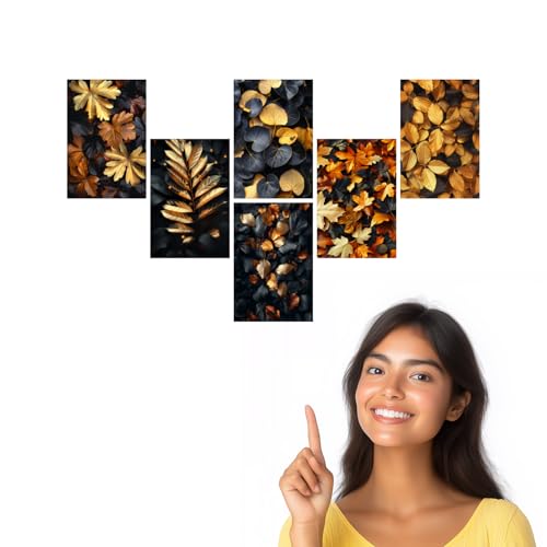 Image of SiddArtify Gold - Black Autumn Leaves Art Print Set - Set of 2-4x6 Inch - Board (Pack of 6) - Sticker (Pack of 6) Wall Room Decoration art Poster Prints