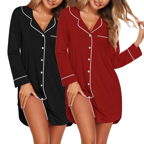 Image of Ekouaer 2 Pack Nightgowns for Women Long Sleeve Night Shirt Button Down Sleep Shirt V-Neck Sleep Dress Pajama Sleepwear