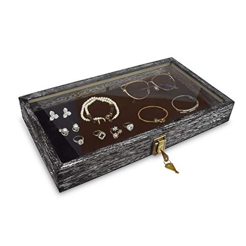 MOOCA Wood Glass Top Jewelry Display Case, Wooden Jewelry Tray for Collectibles, Home organization Accessories Storage Box with Metal Clasp and Black Velvet Pad (Dark Brown)