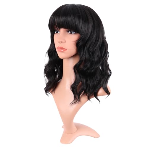 Image of MapofBeauty 14 Inch /35 cm Short Wavy Curly Women Fresh Bright Synthetic Ordinary Flat Bangs Bob Wig (Black)
