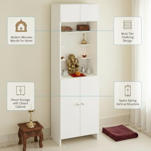 Image of FURNEASER Shivika Engineered Wood Pooja Mandir for Home | Modern Design Temple for Home & Office | Puja Stand Shelf | Prayer Cabinet Shelf (White)