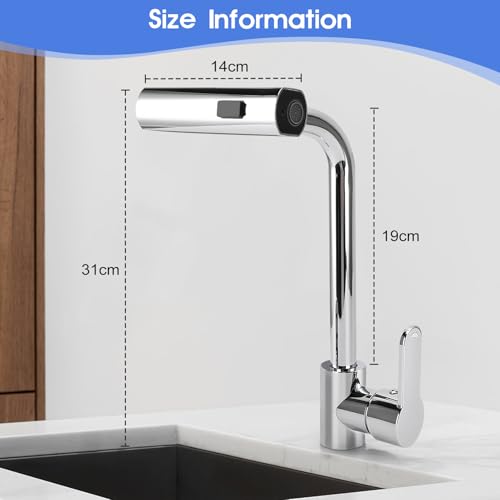 Wasserhahn Wasserfall, Vorfenster Küchenarmatur, 3 Wassermodi, Einhand Küchenspüle, Einhebelmischer, 360 Grad Drehbar, für küchenspüle, Spüle, 1,26–1,65 Zoll, (SILVER)