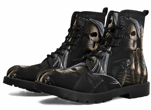 FQLGJMY Bottines Pour Femmes Gothique Motif Tête de Mort Fleurs Roses et Flammes Lacets Cuir Céger Plateforme Bout Rond, parfaites Jeans Robes Mode...