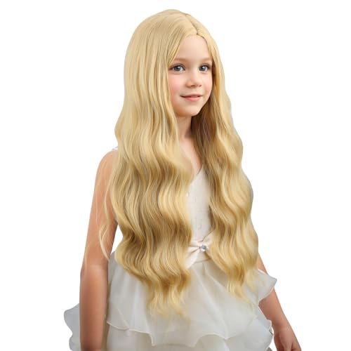 WAVELNM Child Blonde Wig Long Curly Wavy Blond Wig Kids Golden Middle Part Wigs Synthetic Wigs for Daily Halloween Use