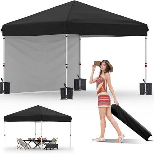 Garvee 10x10 Pop Up Canopy Tent with 1 Removable Sidewall, Heavy Duty Commercial Instant Shelter with One-Person Setup, UPF 50+ Waterproof, 100 Sq Ft Shade for Outdoor Events, Camping, Farmers Market