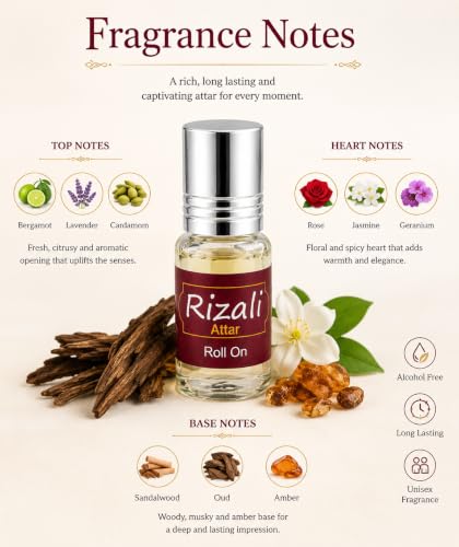 Image of Formless Rizali 3ml Attar Unisex - Premium Exotic Fragrance Oil, Long Lasting Alcohol-Free Perfume, Rich Floral Woody Musky Scent, Pocket Size Roll-On, Travel Friendly Daily Wear & Special Occasions