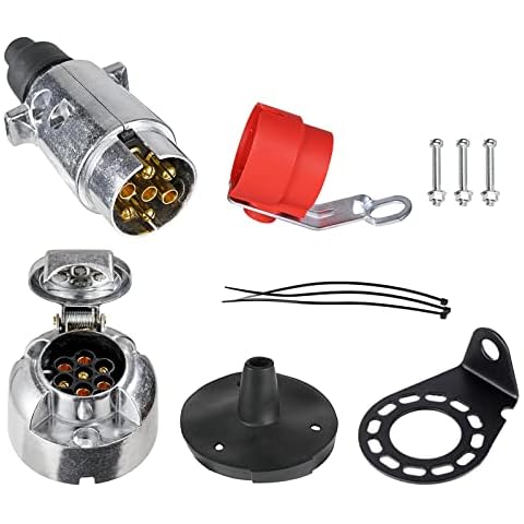 BEIJISTAR 7 Pin Trailer Metal Plug Socket Kit with Rubber Gasket and Metal Mounting Bracket and Trailer Plug Holder, 12V Waterproof Trailer Connector, for Truck RV Cars Boat Caravan (Aluminium Alloy) Cover