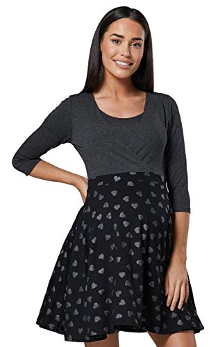 HAPPY MAMA. Damen 2in1 Umstands gerafften Stillkleid Skaterkleid 3/4 Ärmel. 603p (Graphit Melange & Schwarz mit Herzen, 38, M) Cover