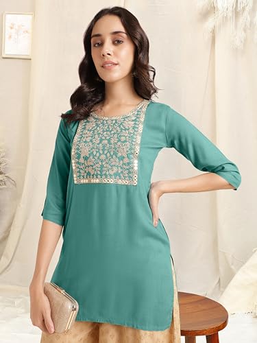 Image of MIRCHI FASHION Women's Straight Fit Rayon Sequins Embroidered and Polka Dots Printed Kurti Only