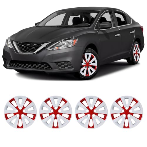 Image of Winjet 16 inch Set of 4 Steel Wheel Hubcaps for 2013-2019 Sentra & 2011-2017 Nissan Leaf Wheel Rims Cover,Snap On Installation PP Material (White Lacquer & Red Lacquer)