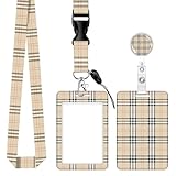 ID Badge Holder with Retractable Badge Reel Clip and Lanyard, Cute Card Name Tag Lanyard Vertical ID Protector Bage Clips for Nurse Doctor Teacher Student (Beige Tartan Plaid)