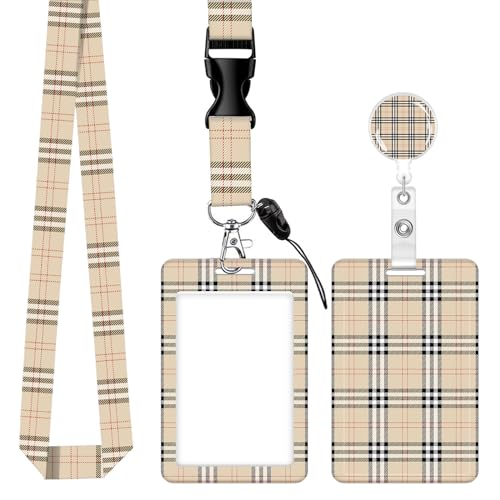 ID Badge Holder with Retractable Badge Reel Clip and Lanyard, Cute Card Name Tag Lanyard Vertical ID Protector Bage Clips for Nurse Doctor Teacher Student (Beige Tartan Plaid)