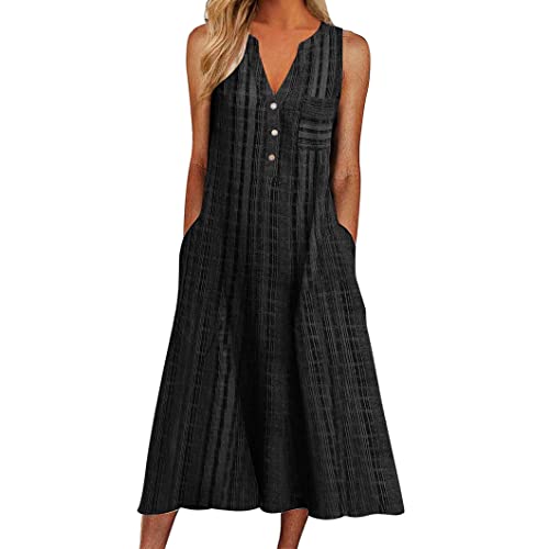 Image of Women Casual Dress Summer Stripe Button V Neck Sleeveless with Pocket Long Dresses Holiday Beach Party Midi Dress