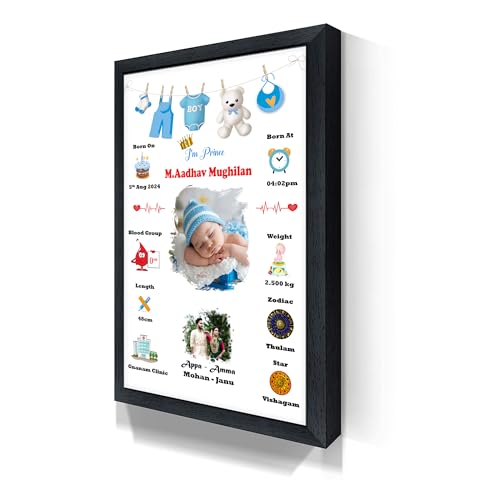 Image of MUSHA Celebrate Precious with Our Personalized Newborn Baby Birth Photo Frame - Birthday Gift for Girls & Boys - Wooden Frame(12 * 8, Boy)