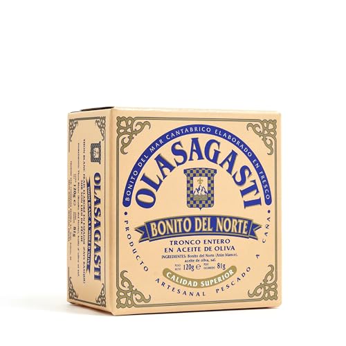 Olasagasti Atún blanco en aceite de oliva – Bonito del Norte capturado en la naturaleza (atún albacora) importado de España, alto en proteínas y omega lata de 3 a 4.2 onzas