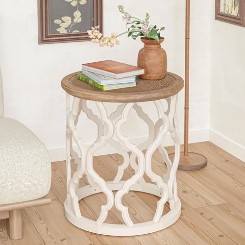 Farmhouse End Table, Distressed Tray Top Side Table with Curved Motif Frame Base for Boho, Rustic, French Country, Small Space, Round, White - Image 2