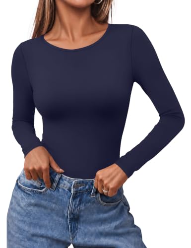 Ekouaer Long Sleeve Shirts for Women Scoop Neck Tight Slim Basic Fitted Top - image 1
