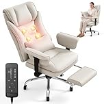 Warmiehomy Massage Office Chair with 4-Point Heated, 155° Reclining, Ergonomic Office Chair with Footrest & Lumbar Pillow, Heavy Duty Executive Computer Chair for Home Office (Tech Fabric, White)