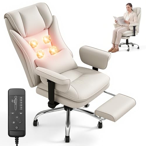 Warmiehomy Massage Office Chair with 4-Point Heated 155 Reclining Ergonomic Office Chair with Footrest & Lumbar Pillow Heavy Duty Executive Computer Chair for Home Office (Tech Fabric White)