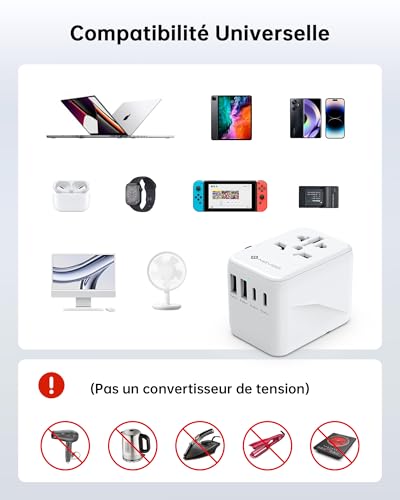 NOVOO Adaptateur de Voyage Universel Adaptateur Prise Universelle PD 21W avec 2 USB et 2 Type C Adaptateur Universel France vers USA UK Allemagne Australie Chine Japon – vue 6