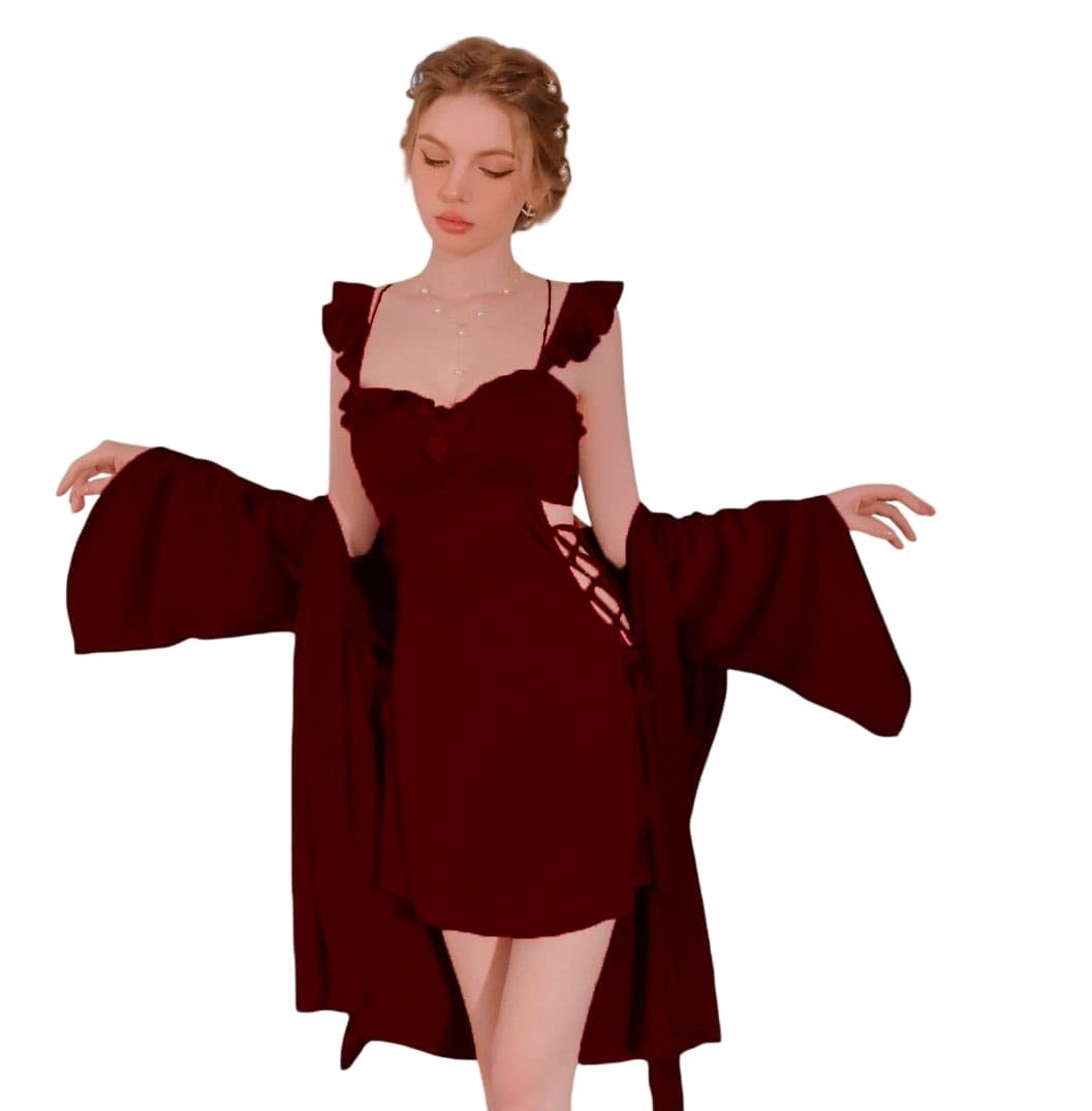 Women's Satin Maxi Night Dress Full Sleeve Gown Comfortable & Fancy Sleepwear for Ladies Short Length Nightwear 2pcs Set with Robe-picture-19