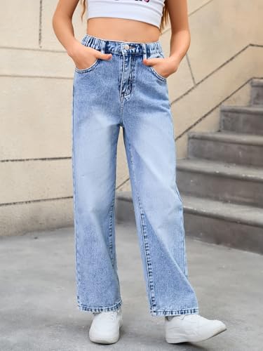 WDIRARA Girl's Bow Print Back Zipper Fly Elastic High Waist Denim Pants Basic Wide Leg Jeans4