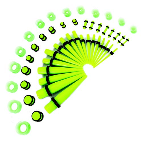 LLGL-EU Set di dilatatori per orecchio, 50 pezzi, 14 G-00 G, set di dilatatori per orecchio, in acrilico, con spina e dilatatore in silicone, colore: Verde fluorescente, cod. LLGLEU0023