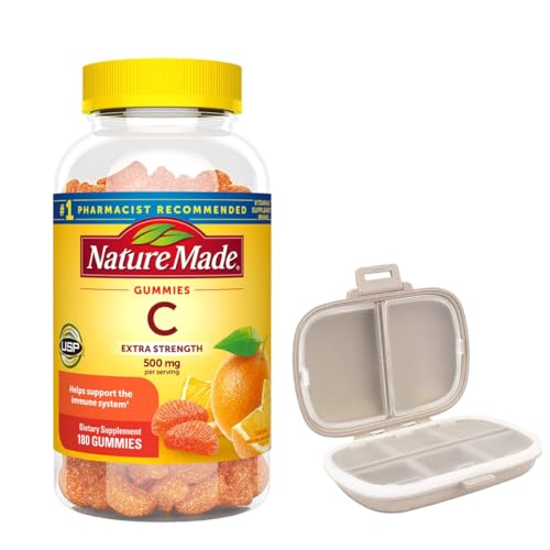 Nature Made Extra Strength Vitamin C 500 mg 180 Gummies Bundle with a Pill Oragnizer (2 Items)