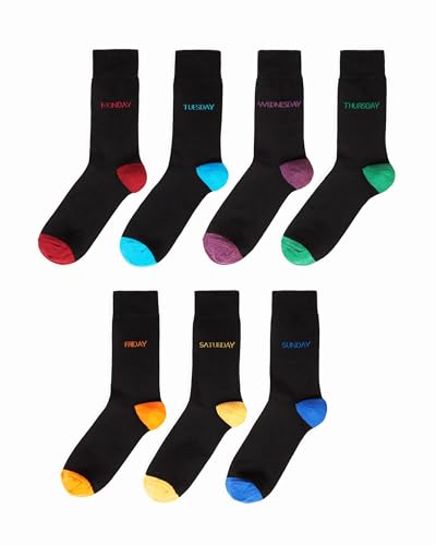 Wonky Line Chaussettes Homme 7 Paires Semaine Coton Noir avec Talon Pointe Colorés Jours Brodés Douces Respirantes Confortables Taille 40-45 Cadeau Homme