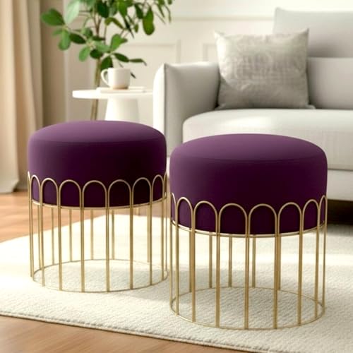 Image of Premium Set of 2 Gold Metal Ottoman Pouffe Stool & Footrest for Living Room & Bedroom | Wine Soft & Classy Mosha Fabric with Arch Frame | 18 inch Height | Luxury Multipurpose Furniture & Home Decor