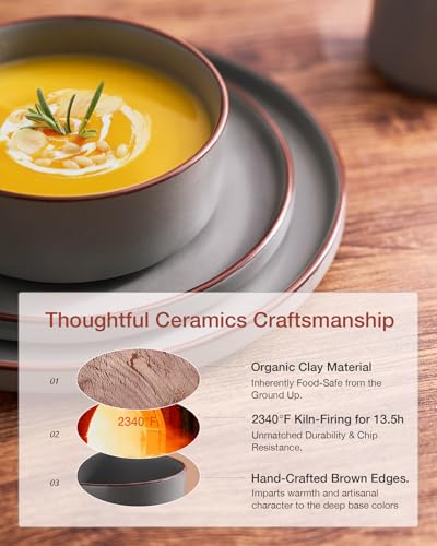 Image of Famiware Nebula Ridge Stoneware Dinnerware Sets for 6, Plates and Bowls Sets, 18 Pieces Dishes Set, Microwave and Dishwasher Safe Kitchen Plates, Dark Gray
