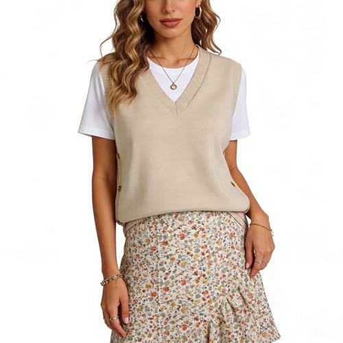 Image of Blostirno Women's V Neck Sweater Vest Ribbed Side Split Button Sleeveless Knit Pullover Sweaters Tops