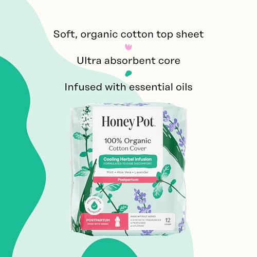 Image of The Honey Pot Company - Herbal Postpartum Pads w /Wings - Infused w /Essential Oils for Cooling Effect, Organic Cotton Cover, & Ultra-Absorbent - Feminine Care - 12ct