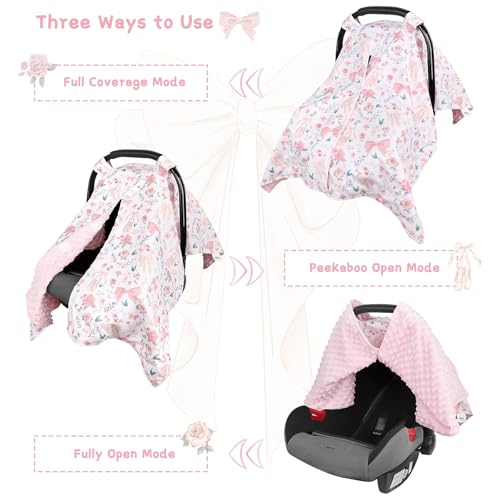 Image of Baby Car Seat Cover, Soft Minky Warm Winter Car Seat Canopy for Infants & Toddlers, Opening with Adjustable Strap, Breathable Nursing Cover & Stroller Blanket, Pink Flowers (Fits Most Car Seats)