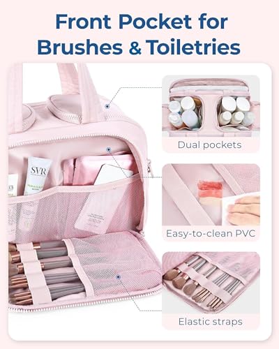 Image of Makeup Organizer Travel Bag with Wet and Dry Sections, Dual Zip compartments, top Handles, Pink