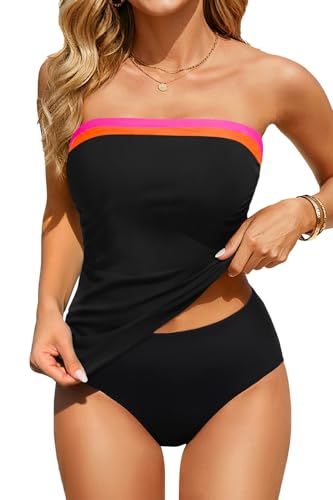 Maillot de bain 2 pièces bandeau femme tankini froncé contrôle du ventre