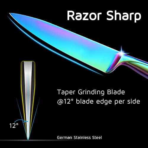 Wellstar Rainbow Kitchen Knives 9 Pieces Set, Chef Santoku Paring Knives And 6 Piece Serrated Steak Knives, Iridescent Titanium Coating Stainless Steel Knife Set #TOP2