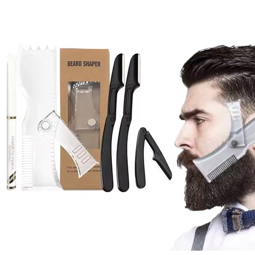 Sasha Square Adjustable Beard Shaper Template For Men- Kit With Flexible Beard Stencils, Barber Pencil & 3 Pcs Foldable Facial Razors, Style Beard As Per Your Face Shape (Beard Shaper - Transparent)