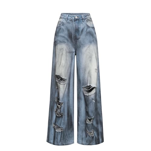 Women's High Waisted Distressed Wide Leg Jeans - Ripped Baggy Denim Pants
