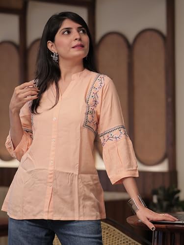Image of Women's Viscose Rayon Embroidered A-Line Short Kurti Above Knee Regular Fit Tunic Top Office Wear Casual short kurti for women | office wear top | A-line kurti | raksha bandhan gift dress for women