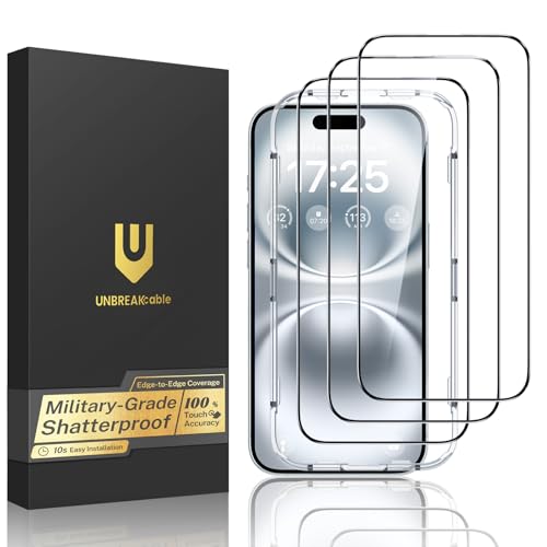 UNBREAKcable for iPhone 16 Plus Screen Protector 3-Pack Full Coverage Tempered Glass [Military Grade Shatterproof] [9H Hardness] [Easy Installation Frame] [Bubble Free] for iPhone 16 Plus 6.7