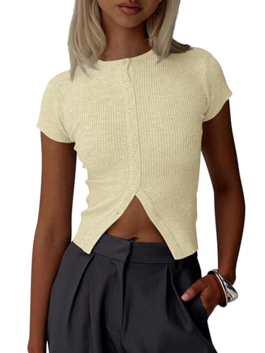Image of Imily Bela Womens Short Sleeve Sweater Tops Summer Button Down Casual Ribbed Knit Slim Fit Cropped Cardigan Shirts
